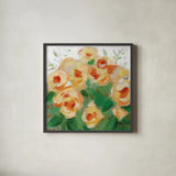 Yellow Roses II by Krystal Adams. Shown in a sleek black glass frame for a contemporary gallery look. Available as an archival giclee rolled canvas, fine art paper, or poster print. SKU 103656a.
