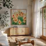 Yellow Roses II by Krystal Adams. Shown in a natural wood frame in a cozy modern living room. Available as an archival giclee rolled canvas, fine art paper, or poster print. SKU 103656a.