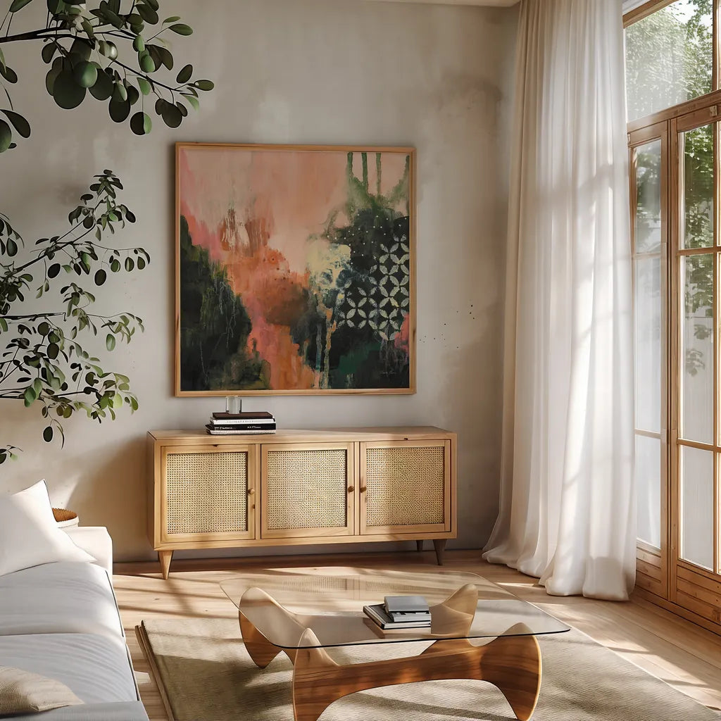 Abstract Layers I by Laura Horn. Shown in a natural wood frame in a cozy modern living room. Available as an archival giclee rolled canvas, fine art paper, or poster print. SKU 73160a.