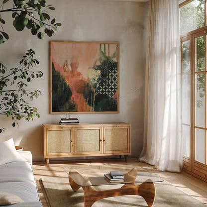 Abstract Layers I by Laura Horn. Shown in a natural wood frame in a cozy modern living room. Available as an archival giclee rolled canvas, fine art paper, or poster print. SKU 73160a.