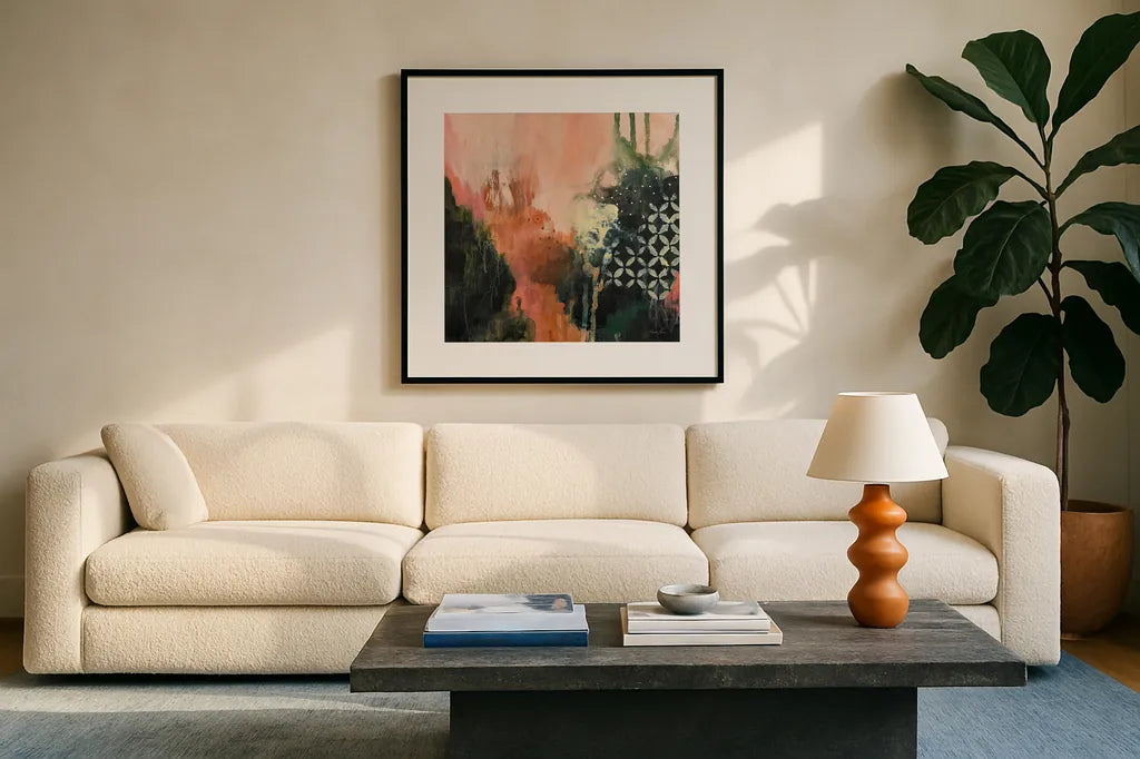 Abstract Layers I by Laura Horn. Displayed in a glass frame with matte in a clean modern living room. Available as an archival giclee rolled canvas, fine art paper, or poster print. SKU 73160a.