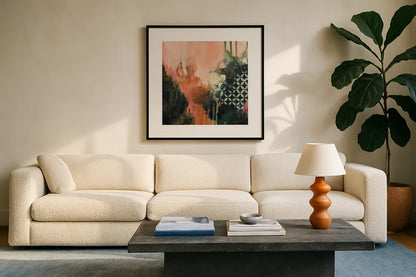 Abstract Layers I by Laura Horn. Displayed in a glass frame with matte in a clean modern living room. Available as an archival giclee rolled canvas, fine art paper, or poster print. SKU 73160a.