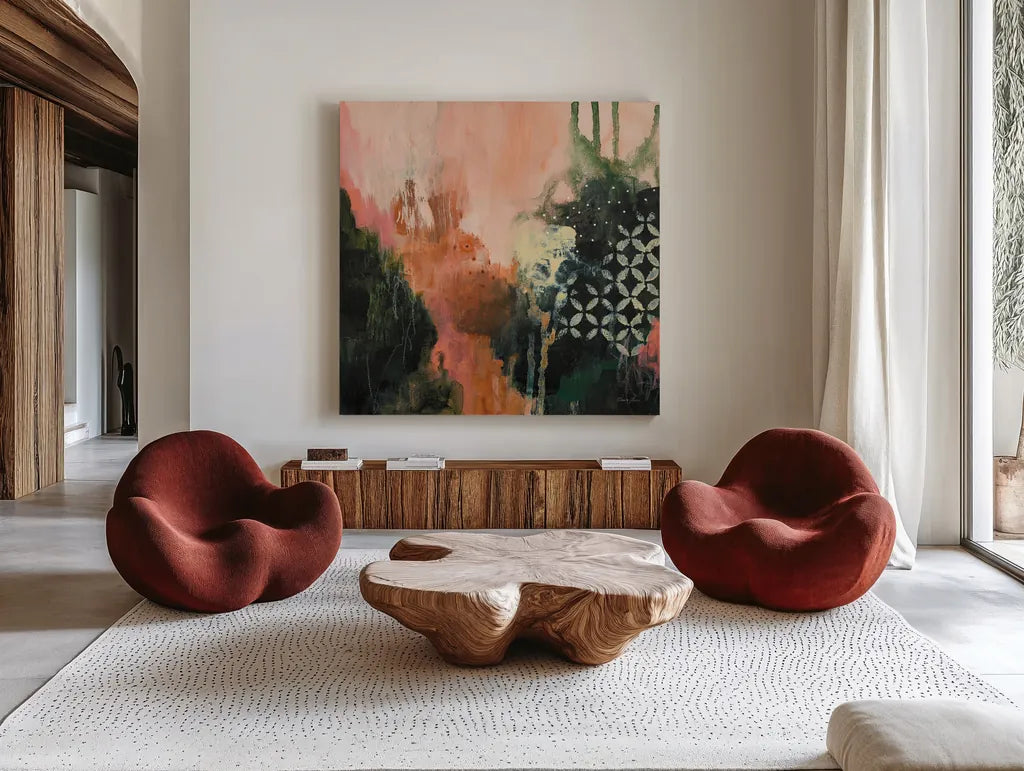 Abstract Layers I by Laura Horn. Shown as extra-large giant wall art in a modern living room. Available as an archival giclee rolled canvas, fine art paper, or poster print. SKU 73160a.