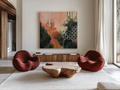 Abstract Layers I by Laura Horn. Shown as extra-large giant wall art in a modern living room. Available as an archival giclee rolled canvas, fine art paper, or poster print. SKU 73160a.