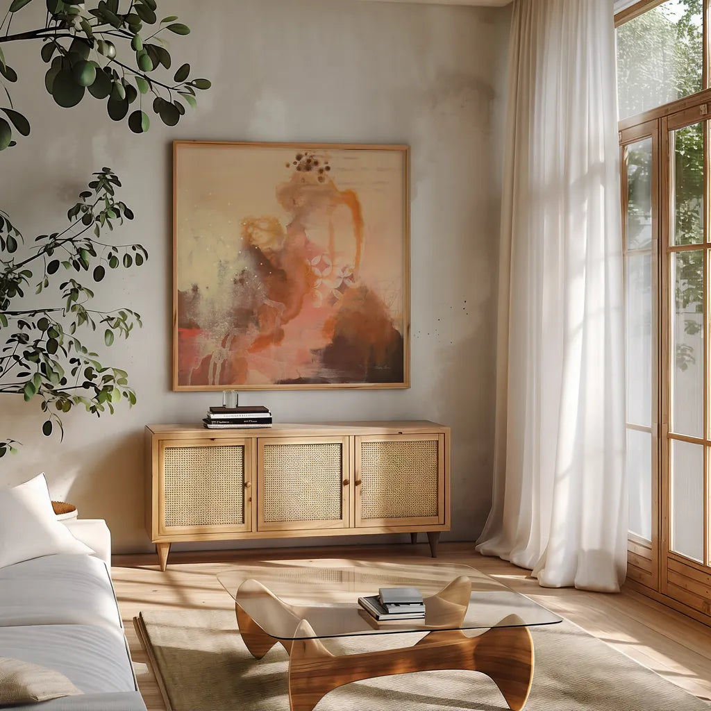 Abstract Layers II by Laura Horn. Shown in a natural wood frame in a cozy modern living room. Available as an archival giclee rolled canvas, fine art paper, or poster print. SKU 73161a.