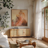Abstract Layers II by Laura Horn. Shown in a natural wood frame in a cozy modern living room. Available as an archival giclee rolled canvas, fine art paper, or poster print. SKU 73161a.