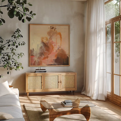 Abstract Layers II by Laura Horn. Shown in a natural wood frame in a cozy modern living room. Available as an archival giclee rolled canvas, fine art paper, or poster print. SKU 73161a.