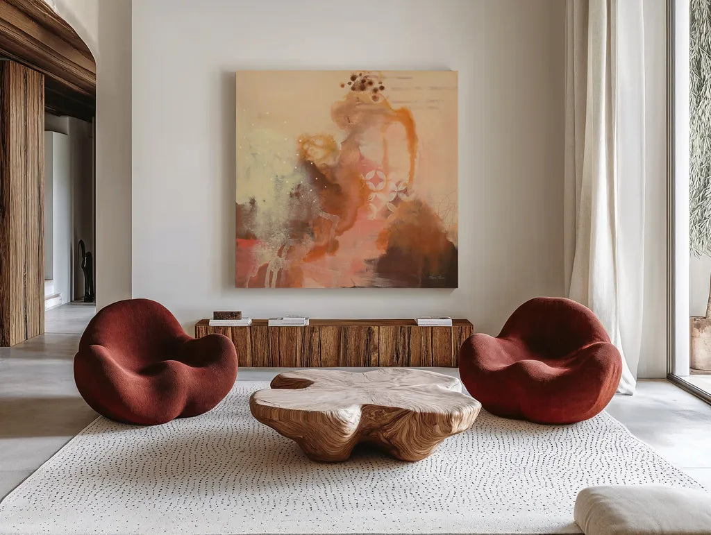 Abstract Layers II by Laura Horn. Shown as extra-large giant wall art in a modern living room. Available as an archival giclee rolled canvas, fine art paper, or poster print. SKU 73161a.