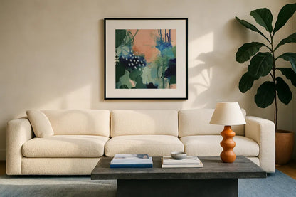 Abstract Layers III by Laura Horn. Displayed in a glass frame with matte in a clean modern living room. Available as an archival giclee rolled canvas, fine art paper, or poster print. SKU 73162a.