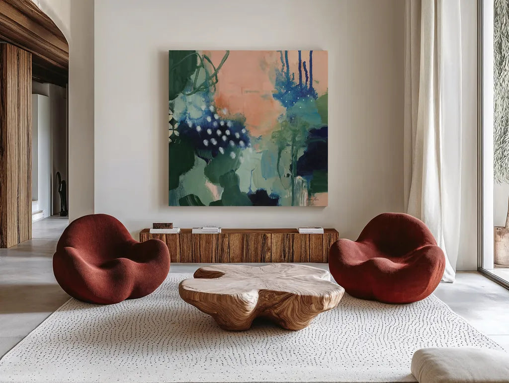 Abstract Layers III by Laura Horn. Shown as extra-large giant wall art in a modern living room. Available as an archival giclee rolled canvas, fine art paper, or poster print. SKU 73162a.