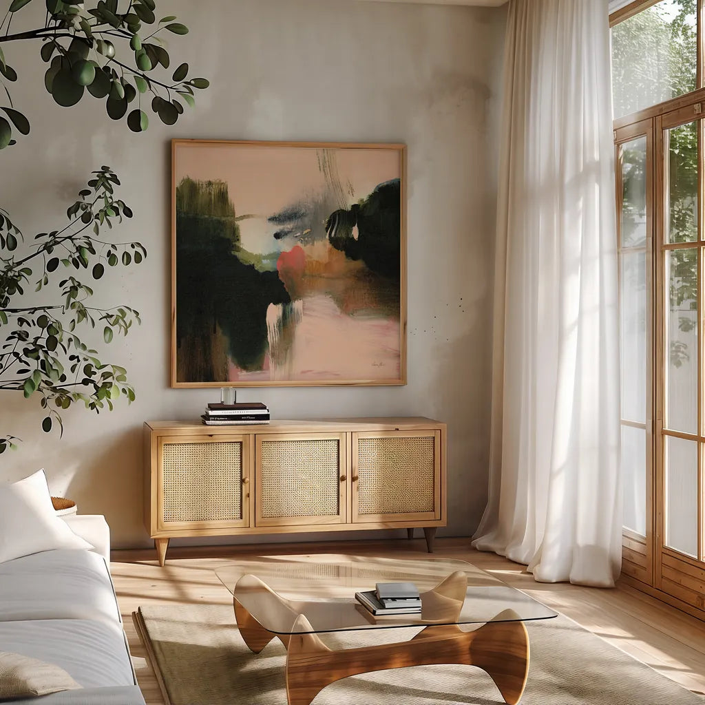 Deep Creek by Laura Horn. Shown in a natural wood frame in a cozy modern living room. Available as an archival giclee rolled canvas, fine art paper, or poster print. SKU 73356a.