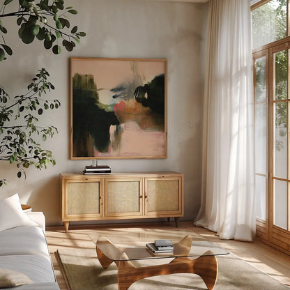 Deep Creek by Laura Horn. Shown in a natural wood frame in a cozy modern living room. Available as an archival giclee rolled canvas, fine art paper, or poster print. SKU 73356a.