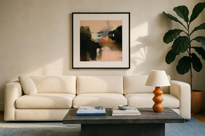 Deep Creek by Laura Horn. Displayed in a glass frame with matte in a clean modern living room. Available as an archival giclee rolled canvas, fine art paper, or poster print. SKU 73356a.