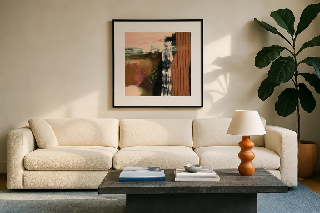 Embankment by Laura Horn. Displayed in a glass frame with matte in a clean modern living room. Available as an archival giclee rolled canvas, fine art paper, or poster print. SKU 73357a.