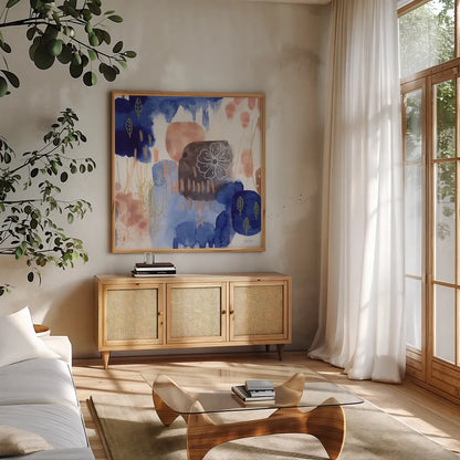 Essence of Life II by Laura Horn. Shown in a natural wood frame in a cozy modern living room. Available as an archival giclee rolled canvas, fine art paper, or poster print. SKU 78479a.