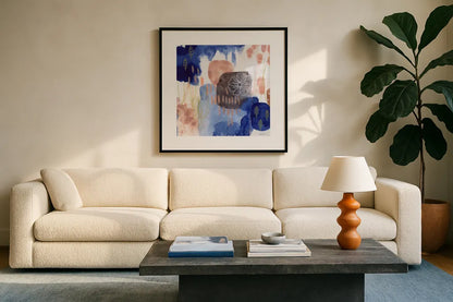 Essence of Life II by Laura Horn. Displayed in a glass frame with matte in a clean modern living room. Available as an archival giclee rolled canvas, fine art paper, or poster print. SKU 78479a.