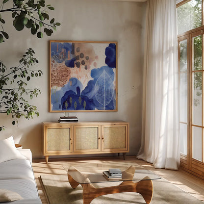 Essence of Life III by Laura Horn. Shown in a natural wood frame in a cozy modern living room. Available as an archival giclee rolled canvas, fine art paper, or poster print. SKU 78480a.