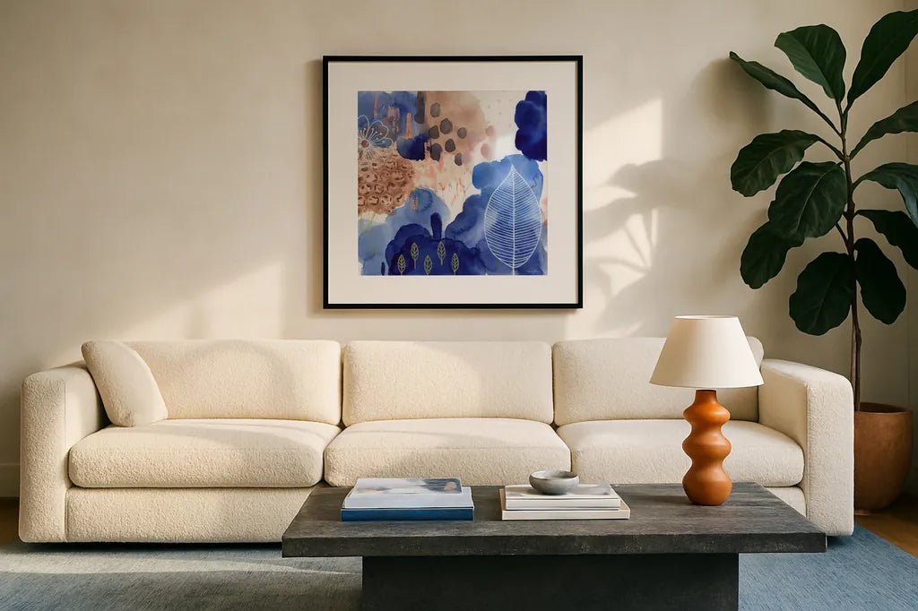 Essence of Life III by Laura Horn. Displayed in a glass frame with matte in a clean modern living room. Available as an archival giclee rolled canvas, fine art paper, or poster print. SKU 78480a.