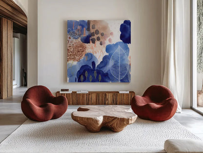 Essence of Life III by Laura Horn. Shown as extra-large giant wall art in a modern living room. Available as an archival giclee rolled canvas, fine art paper, or poster print. SKU 78480a.