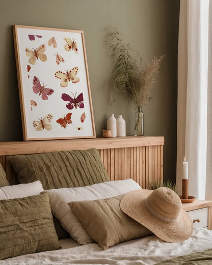 Garden Dance Butterflies by Laura Horn. shown as a paper print in a natural frame. Available as a archival giclee rolled canvas, fine art paper, or poster print. SKU 73198h.