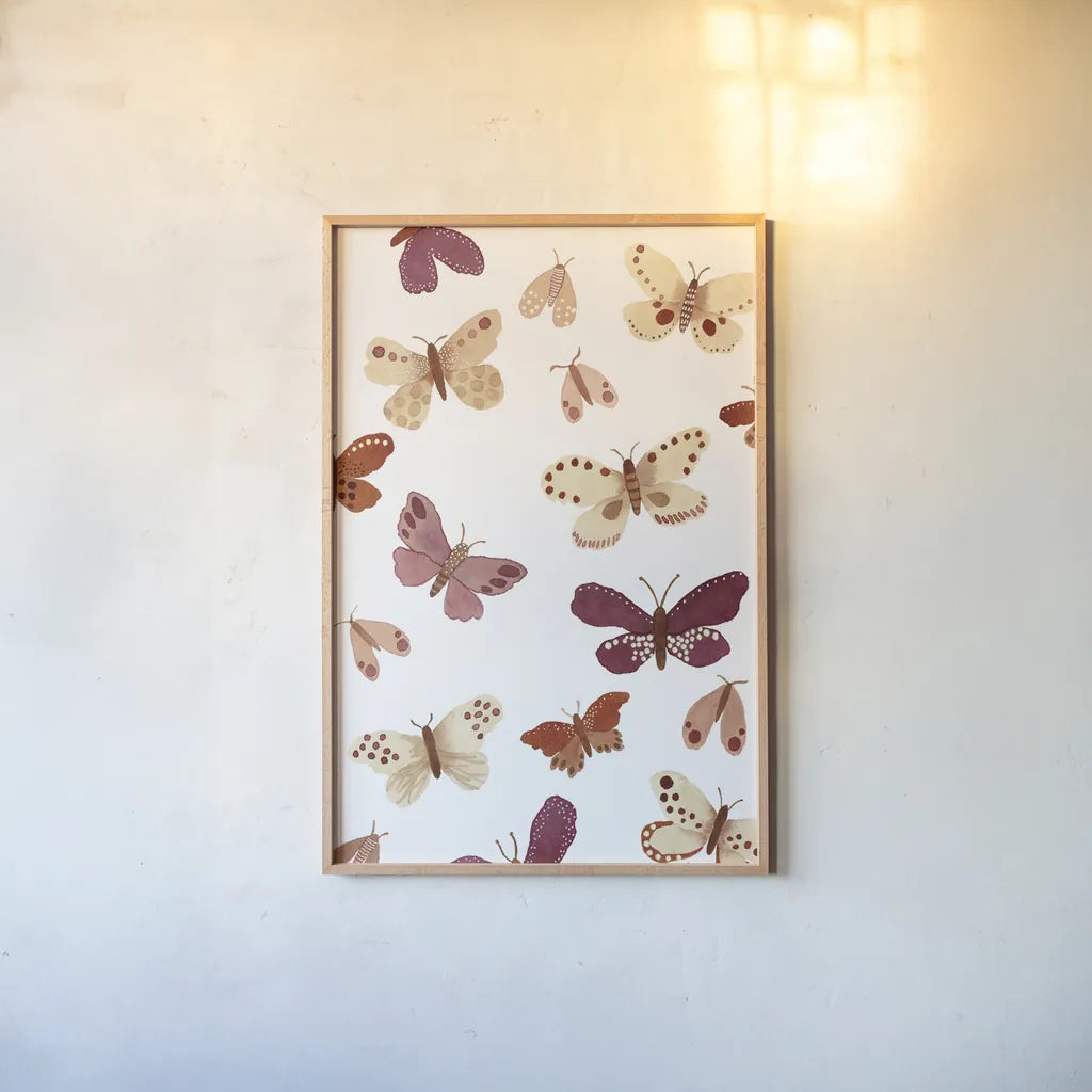 Garden Dance Butterflies by Laura Horn. shown as a paper print in a natural frame. Available as a archival giclee rolled canvas, fine art paper, or poster print. SKU 73198h.