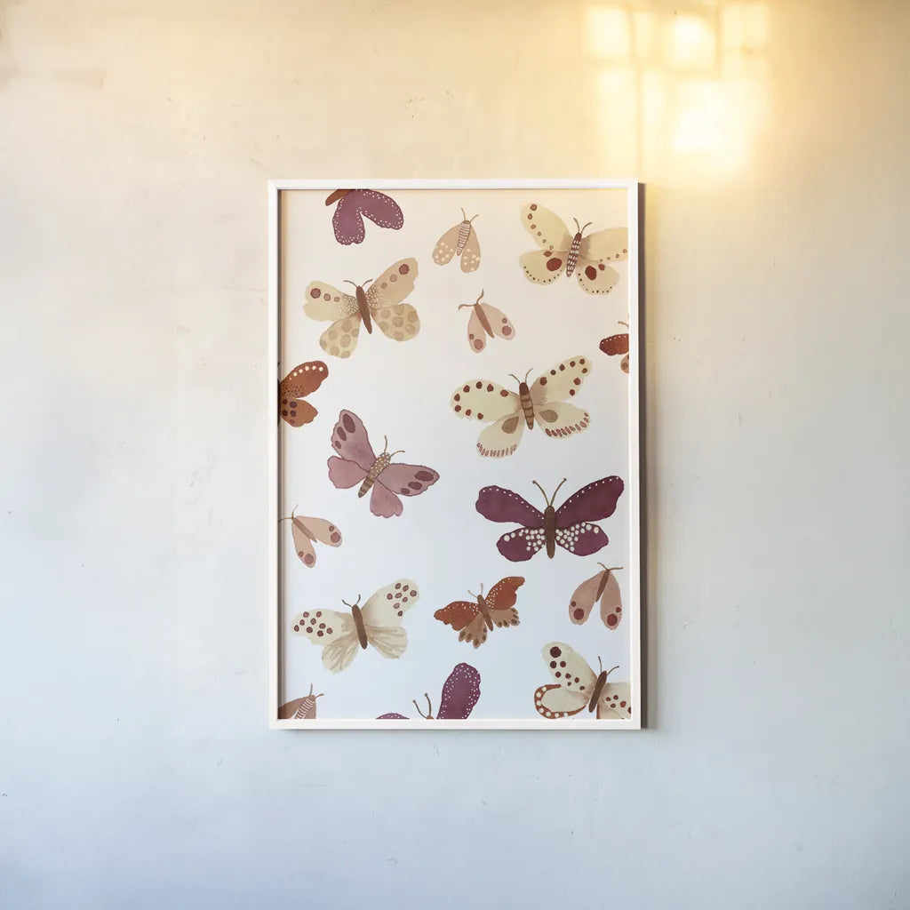Garden Dance Butterflies by Laura Horn. shown as a paper print in a white frame. Available as a archival giclee rolled canvas, fine art paper, or poster print. SKU 73198h.
