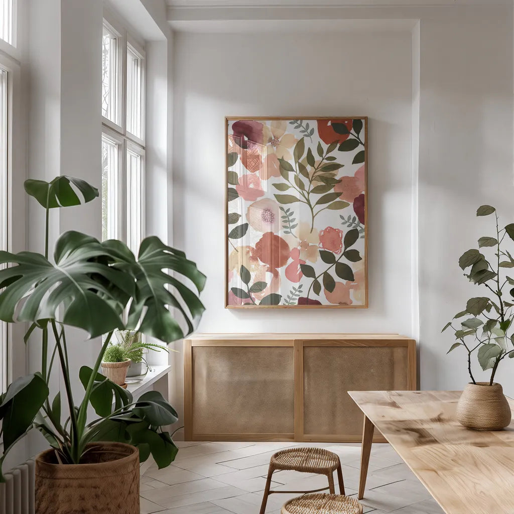 Garden Dance I by Laura Horn. shown as a print in a natural wood frame in a dining room. Available as a archival giclee rolled canvas, fine art paper, or poster print. SKU 72214h.