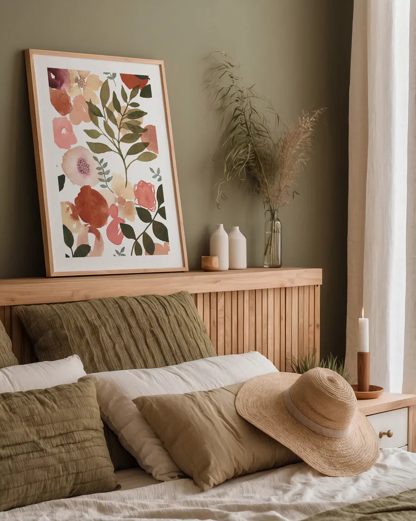 Garden Dance I by Laura Horn. shown as a paper print in a natural frame. Available as a archival giclee rolled canvas, fine art paper, or poster print. SKU 72214h.