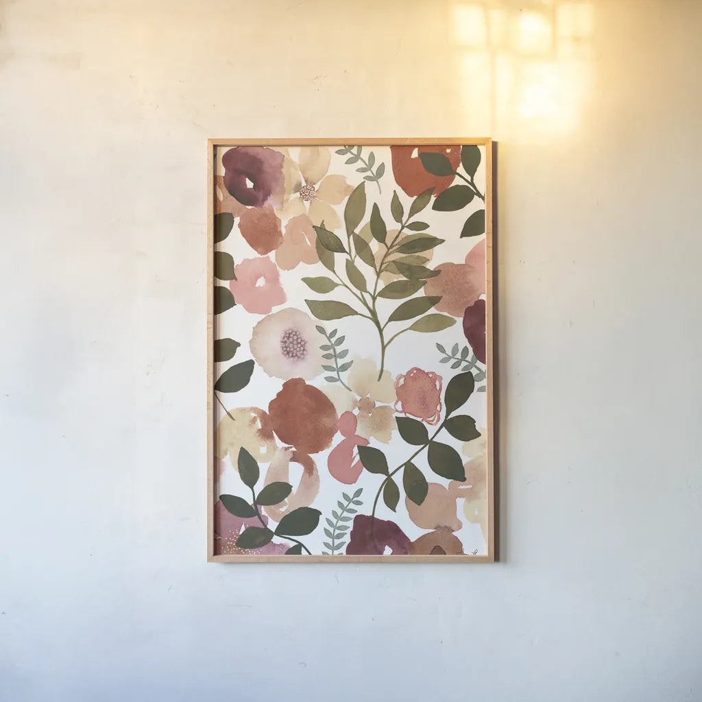 Garden Dance I by Laura Horn. shown as a paper print in a natural frame. Available as a archival giclee rolled canvas, fine art paper, or poster print. SKU 72214h.