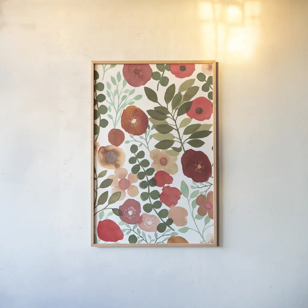 Garden Dance II by Laura Horn. shown as a paper print in a natural frame. Available as a archival giclee rolled canvas, fine art paper, or poster print. SKU 72215h.