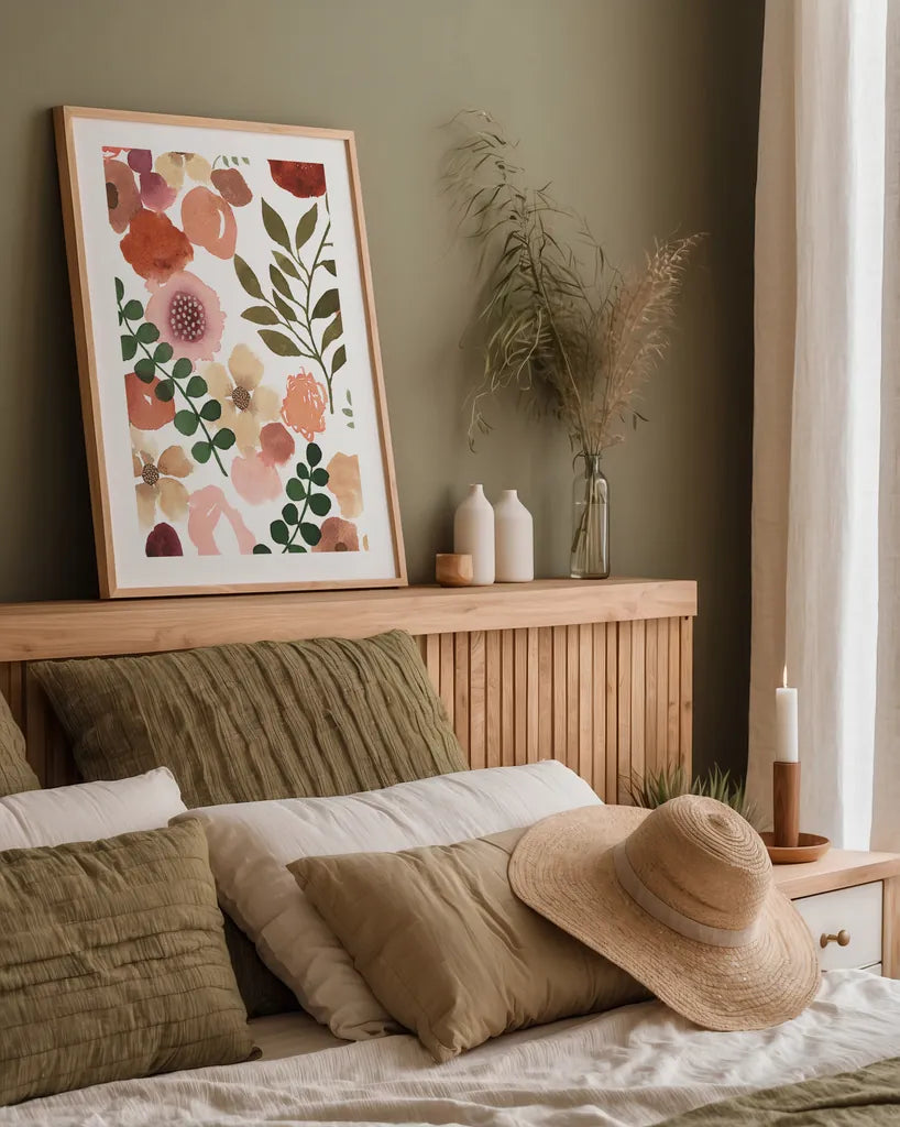 Garden Dance III by Laura Horn. shown as a paper print in a natural frame. Available as a archival giclee rolled canvas, fine art paper, or poster print. SKU 72216h.