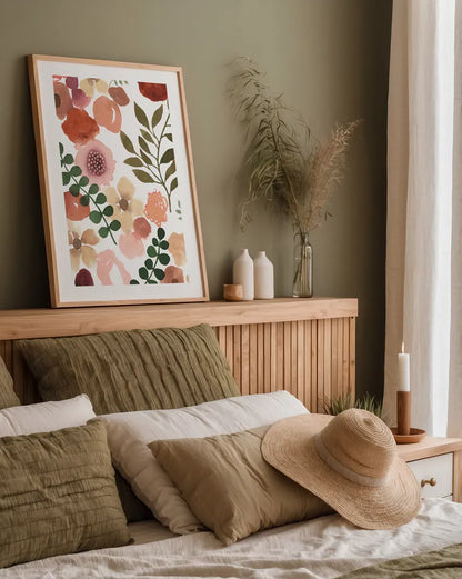 Garden Dance III by Laura Horn. shown as a paper print in a natural frame. Available as a archival giclee rolled canvas, fine art paper, or poster print. SKU 72216h.