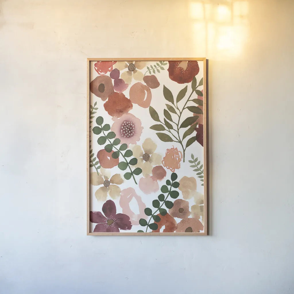 Garden Dance III by Laura Horn. shown as a paper print in a natural frame. Available as a archival giclee rolled canvas, fine art paper, or poster print. SKU 72216h.