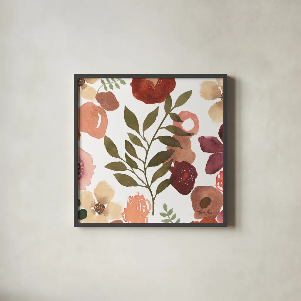 Garden Dance IV by Laura Horn. Shown in a sleek black glass frame for a contemporary gallery look. Available as an archival giclee rolled canvas, fine art paper, or poster print. SKU 72217a.