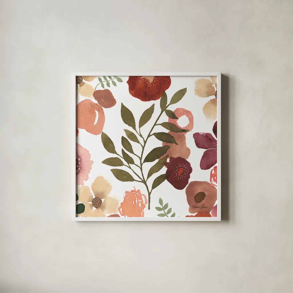 Garden Dance IV by Laura Horn. Shown in a crisp white glass frame for a clean and minimalist style. Available as an archival giclee rolled canvas, fine art paper, or poster print. SKU 72217a.