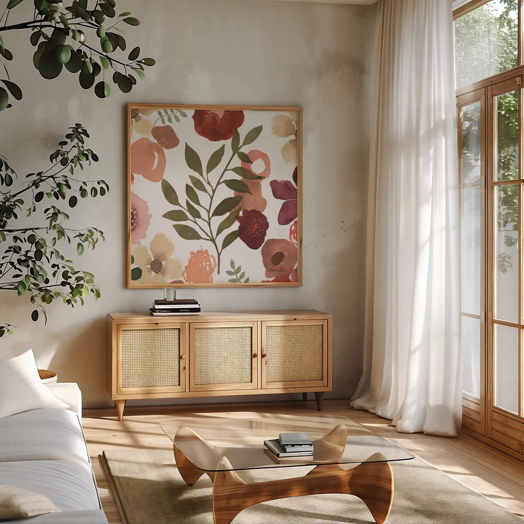 Garden Dance IV by Laura Horn. Shown in a natural wood frame in a cozy modern living room. Available as an archival giclee rolled canvas, fine art paper, or poster print. SKU 72217a.