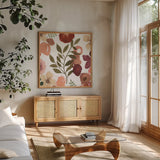 Garden Dance IV by Laura Horn. Shown in a natural wood frame in a cozy modern living room. Available as an archival giclee rolled canvas, fine art paper, or poster print. SKU 72217a.