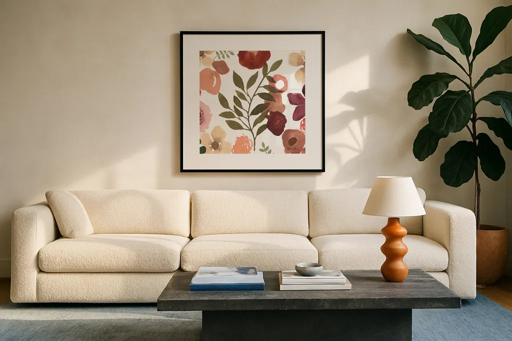 Garden Dance IV by Laura Horn. Displayed in a glass frame with matte in a clean modern living room. Available as an archival giclee rolled canvas, fine art paper, or poster print. SKU 72217a.