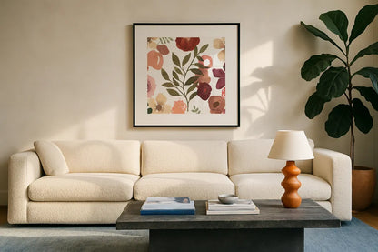Garden Dance IV by Laura Horn. Displayed in a glass frame with matte in a clean modern living room. Available as an archival giclee rolled canvas, fine art paper, or poster print. SKU 72217a.