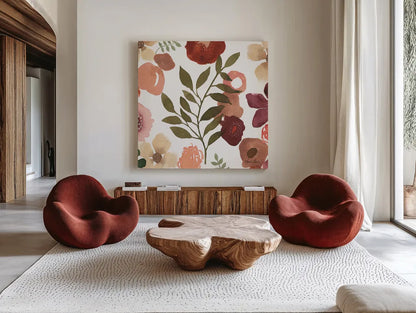 Garden Dance IV by Laura Horn. Shown as extra-large giant wall art in a modern living room. Available as an archival giclee rolled canvas, fine art paper, or poster print. SKU 72217a.