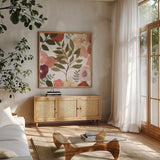 Garden Dance V by Laura Horn. Shown in a natural wood frame in a cozy modern living room. Available as an archival giclee rolled canvas, fine art paper, or poster print. SKU 72218a.