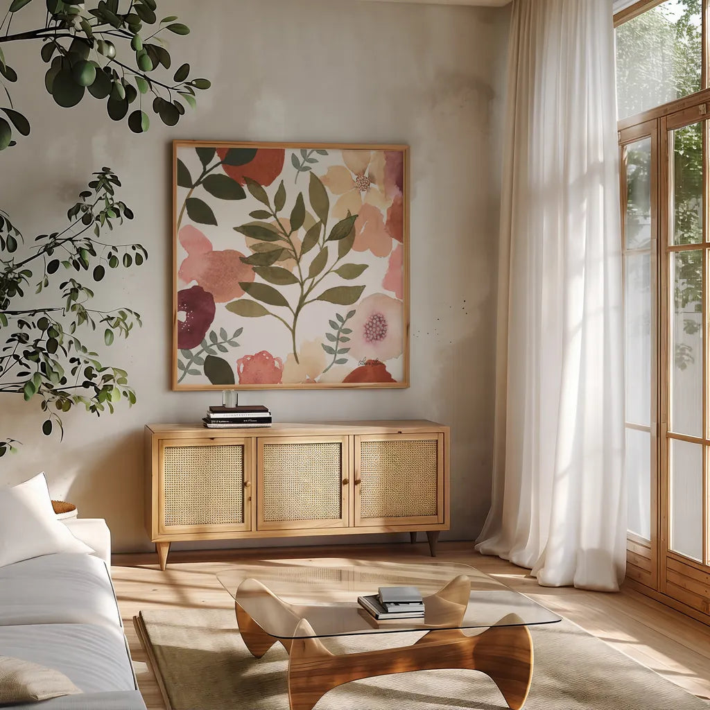 Garden Dance V by Laura Horn. Shown in a natural wood frame in a cozy modern living room. Available as an archival giclee rolled canvas, fine art paper, or poster print. SKU 72218a.