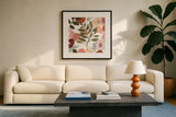 Garden Dance V by Laura Horn. Displayed in a glass frame with matte in a clean modern living room. Available as an archival giclee rolled canvas, fine art paper, or poster print. SKU 72218a.