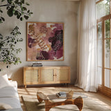 Joyous Nature by Laura Horn. Shown in a natural wood frame in a cozy modern living room. Available as an archival giclee rolled canvas, fine art paper, or poster print. SKU 78482a.