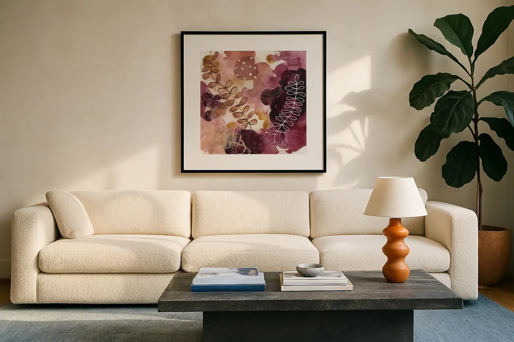 Joyous Nature by Laura Horn. Displayed in a glass frame with matte in a clean modern living room. Available as an archival giclee rolled canvas, fine art paper, or poster print. SKU 78482a.