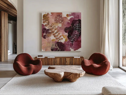 Joyous Nature by Laura Horn. Shown as extra-large giant wall art in a modern living room. Available as an archival giclee rolled canvas, fine art paper, or poster print. SKU 78482a.