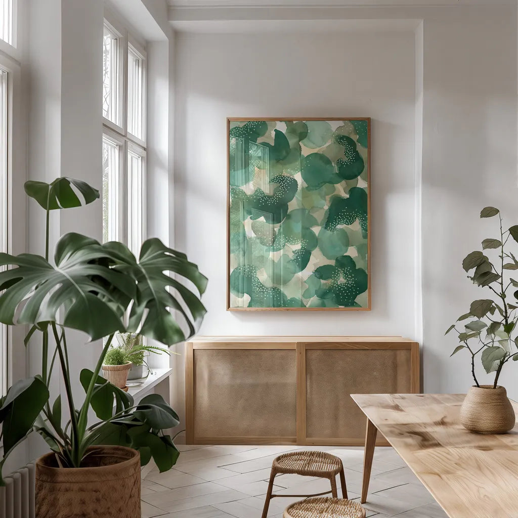 Leaf Canopy by Laura Horn. shown as a print in a natural wood frame in a dining room. Available as a archival giclee rolled canvas, fine art paper, or poster print. SKU 78525h.
