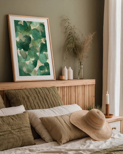 Leaf Canopy by Laura Horn. shown as a paper print in a natural frame. Available as a archival giclee rolled canvas, fine art paper, or poster print. SKU 78525h.
