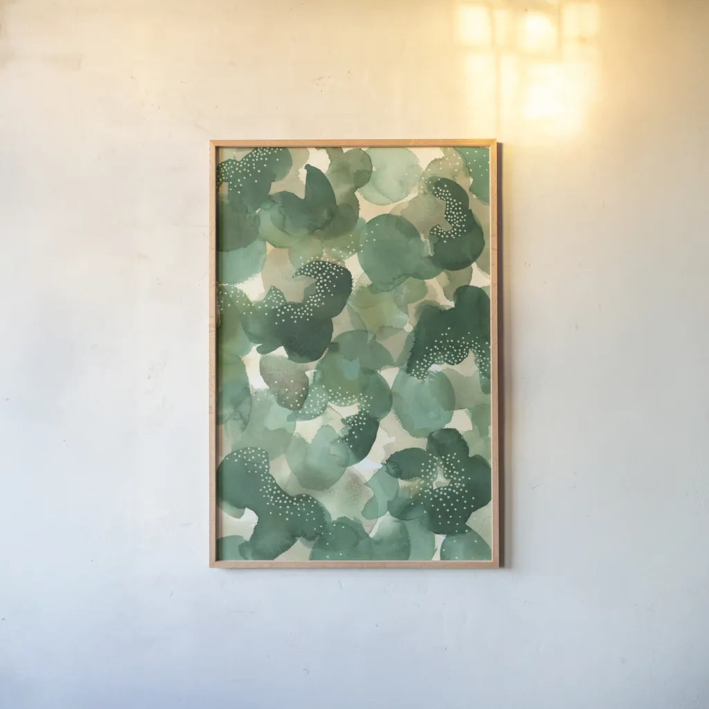 Leaf Canopy by Laura Horn. shown as a paper print in a natural frame. Available as a archival giclee rolled canvas, fine art paper, or poster print. SKU 78525h.