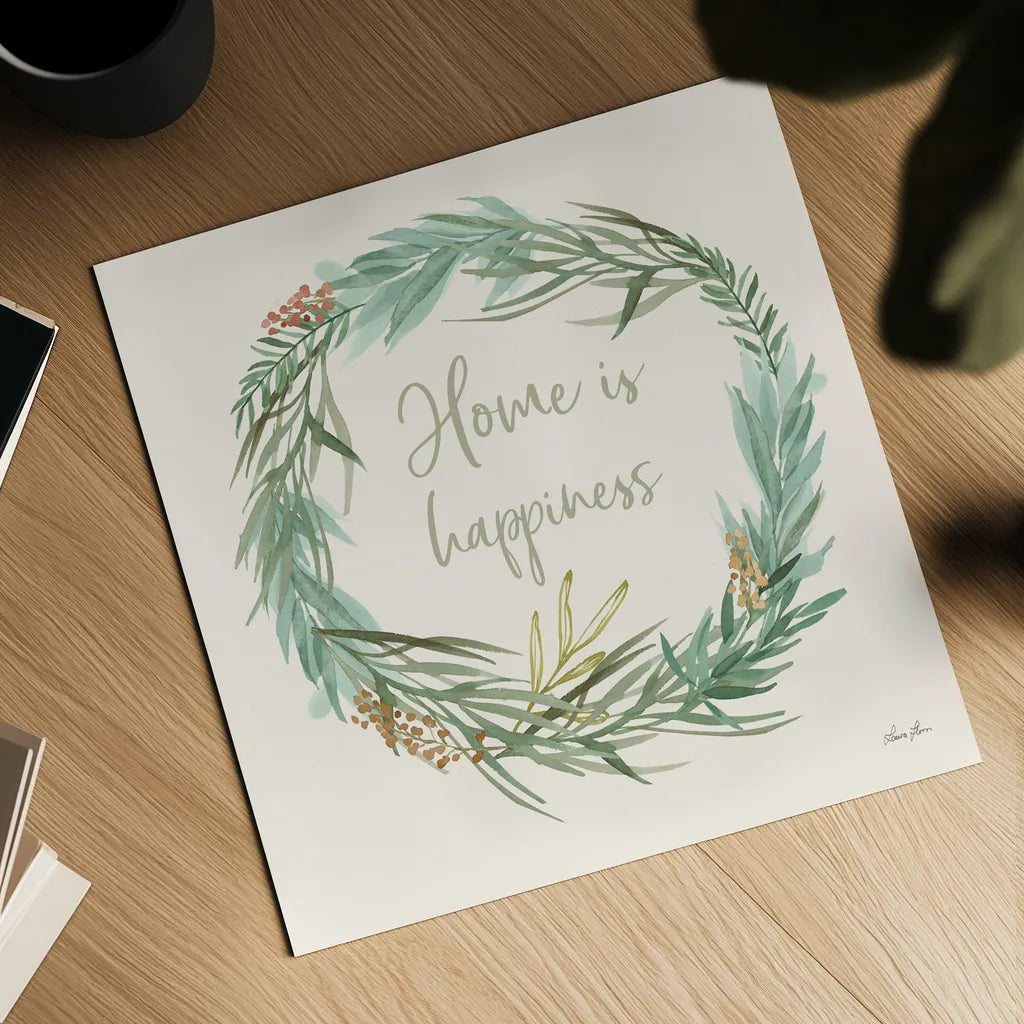 Leaf and Stem Wreath I by Laura Horn. Shown as a detailed flat fine art print, highlighting archival giclee quality. Available as an archival giclee rolled canvas, fine art paper, or poster print. SKU 81137a.